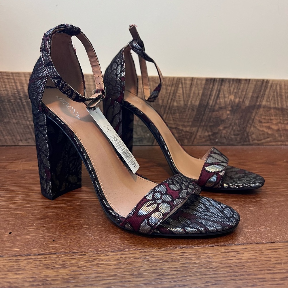 Chic Maroon & Silver Floral Women's Heels with Ankle Strap